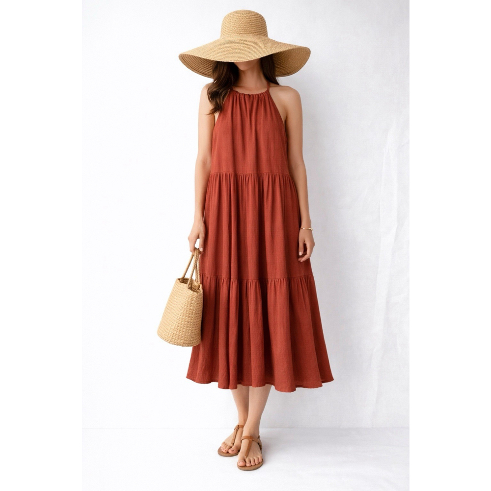 Midi Dress Rayon Halter Neck Tiered Brick Red Sleeveless Flowy XXL resort Boh - Picture 1 of 14